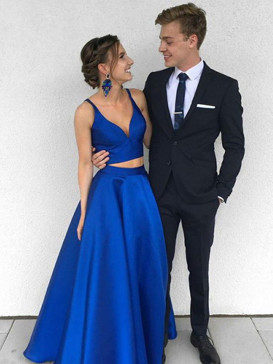 Load image into Gallery viewer, A Line Two Pieces Royal Blue Long Prom Dresses, Royal Blue Two Pieces Formal Dresses, Two Pieces Royal Blue Graduation Dresses
