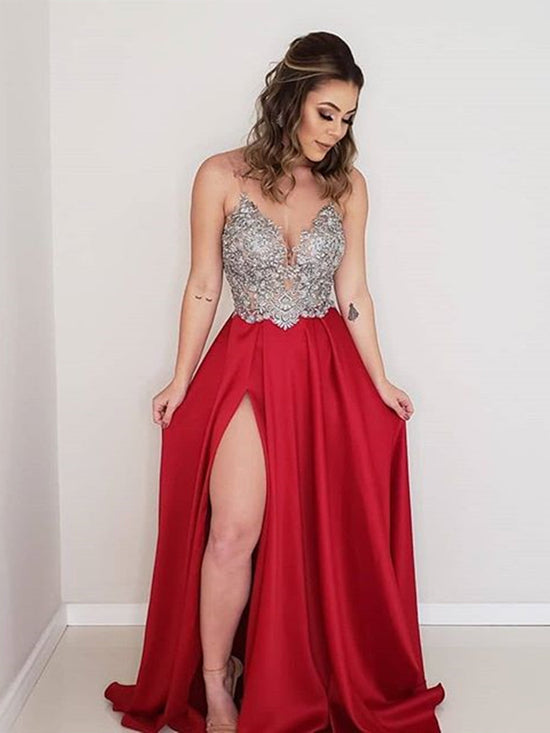 A Line V Neck Backless Lace Appliques Red/Light Blue Prom Dresses with Slit, Lace Backless Red/Light Blue Formal Dresses, Lace Evening Dresses
