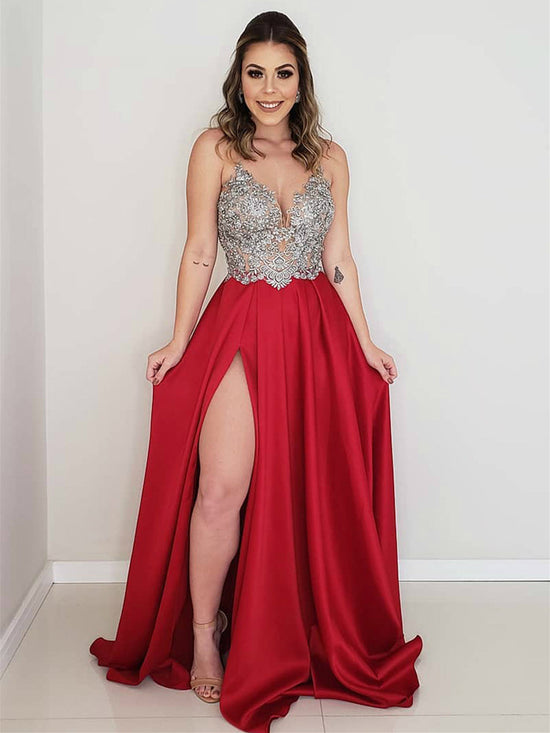 A Line V Neck Backless Lace Appliques Red/Light Blue Prom Dresses with Slit, Lace Backless Red/Light Blue Formal Dresses, Lace Evening Dresses