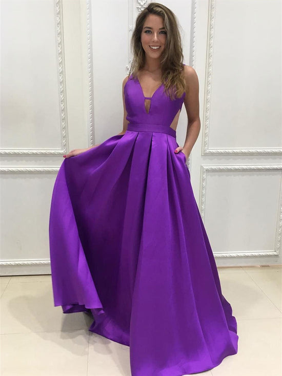 Load image into Gallery viewer, A Line V Neck Backless Purple Satin Long Prom Dresses, Backless Purple Ball Gown, V Neck Purple Formal Graduation Evening Dresses
