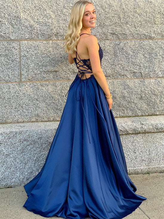 A Line V Neck Blue Lace Beaded Long Prom Dresses, Blue Lace Formal Dresses, Blue Evening Dresses