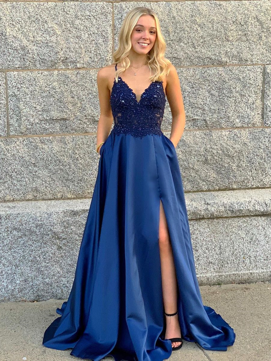A Line V Neck Blue Lace Beaded Long Prom Dresses, Blue Lace Formal Dresses, Blue Evening Dresses