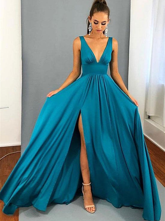 Load image into Gallery viewer, A Line V Neck Blue Long Prom Dresses with Leg Slit, V Neck Blue Graduation Dresses, Blue Bridesmaid Dresses

