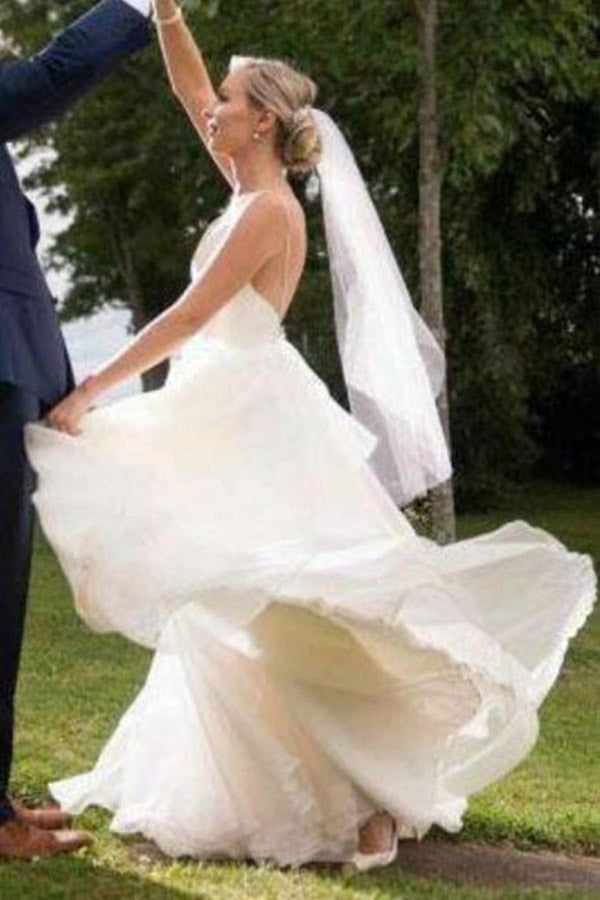 A Line V-neck Ivory Tulle Wedding Dresses Backless Bridal Gown