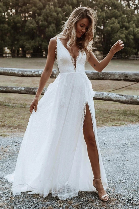 A Line V-neck Lace Beach Wedding Dress