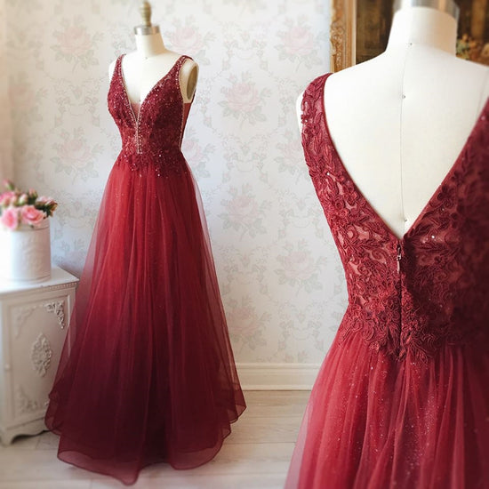 A Line V Neck Lace Burgundy Tulle Long Prom Dresses, V Neck Burgundy Lace Formal Dresses, Burgundy Lace Evening Dresses