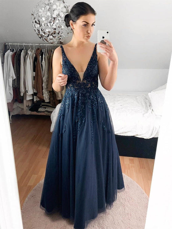 Load image into Gallery viewer, A Line V Neck Lace Navy Blue Long Prom Dresses, Navy Blue Lace Formal Dresses, Navy Blue Evening Dresses

