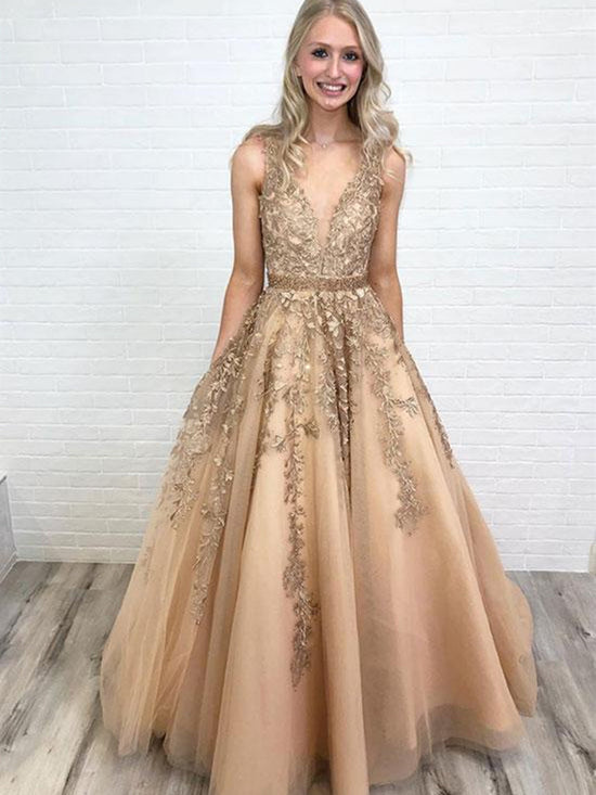 Load image into Gallery viewer, A Line V Neck Lace Tulle Long Prom Dresses, V Neck Lace Formal Graduation Dresses, Lace Evening Dresses
