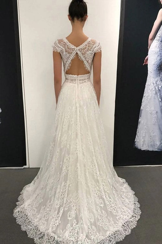 A Line V Neck Lace Wedding Dress