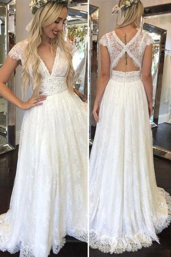 A Line V Neck Lace Wedding Dress