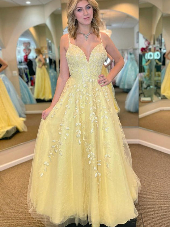 A Line V Neck Open Back Yellow Lace Tulle Long Prom Dresses with Appliques, Yellow Lace Formal Graduation Evening Dresses 