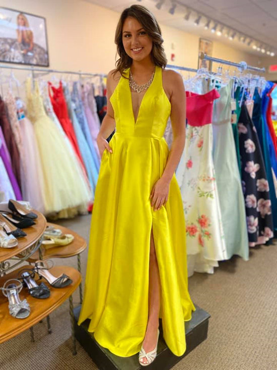 A Line V Neck Open Back Yellow Satin Long Prom Dresses with Slit, V Neck Yellow Formal Graduation Evening Dresses 