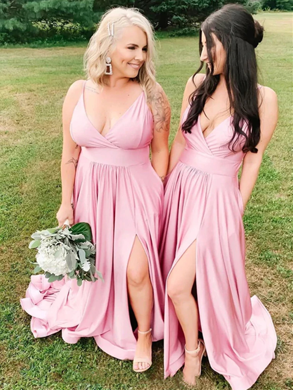 A Line V Neck Pink Long Prom Dresses with High Slit, V Neck Pink Formal Graduation Bridesmaid Dresses, Pink Evening Dresses 