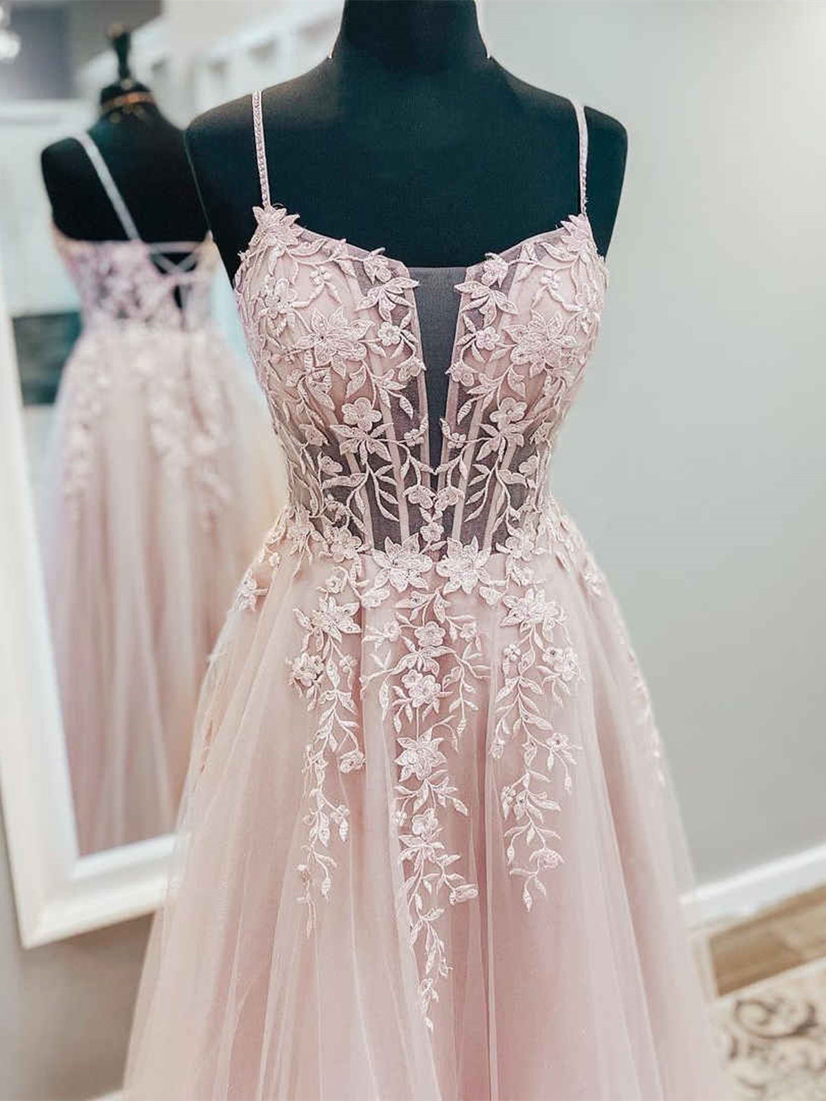 A Line V Neck Pink Tulle Lace Long Prom Dresses, Open Back Pink Formal Dresses, Pink Lace Evening Dresses 