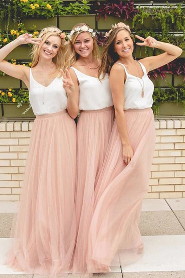 A-line V Neck Pink Tulle Two Piece Bridesmaid Dress