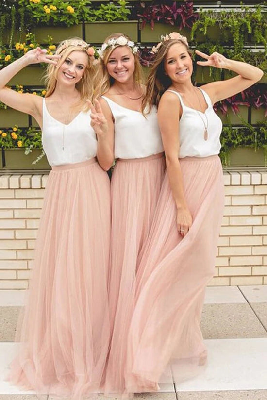 A-line V Neck Pink Tulle Two Piece Bridesmaid Dress