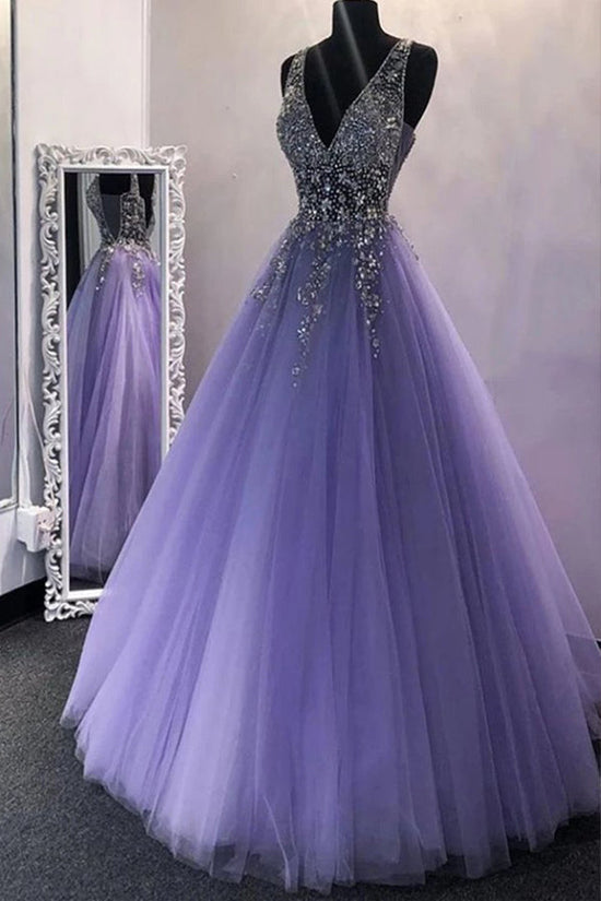 A Line V Neck Violet Tulle Beading Long Prom Dress