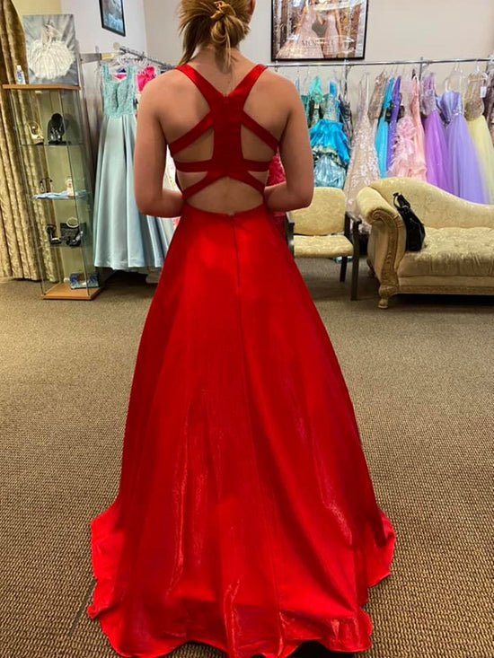 A Line V Neck Red Satin Long Prom Dresses with Pocket, V Neck Red Formal Graduation Evening Dresses 