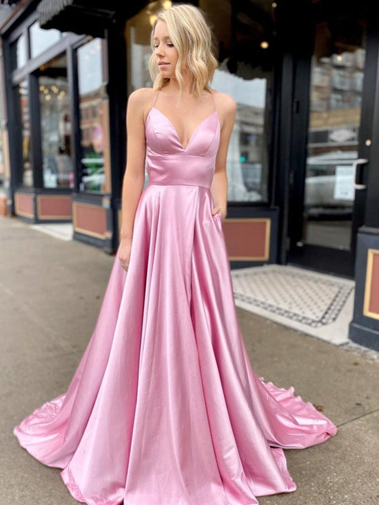 A Line V Neck Satin Backless Long Pink Prom Dresses with High Slit, V Neck Backless Pink Formal Dresses with Pocket, Backless Pink Evening Dresses