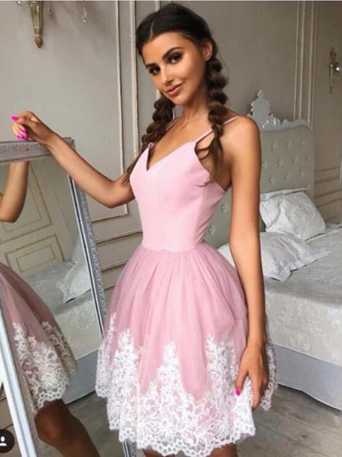 A Line V Neck Short Pink Lace Prom Dresses, Short Pink Lace Formal Homecoming Dresses