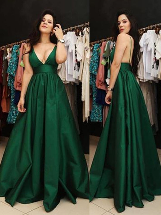 Load image into Gallery viewer, A Line V Neck tti Straps Backless Satin Dark Green Prom Dresses with Pockets, Dark Green Backless Formal Dresses, Evening Dresses
