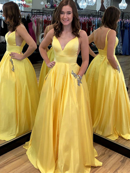 A Line V Neck tti Straps Backless Satin Yellow Long Prom Dresses with Pocket, Yellow Graduation Dresses, Evening Dresses