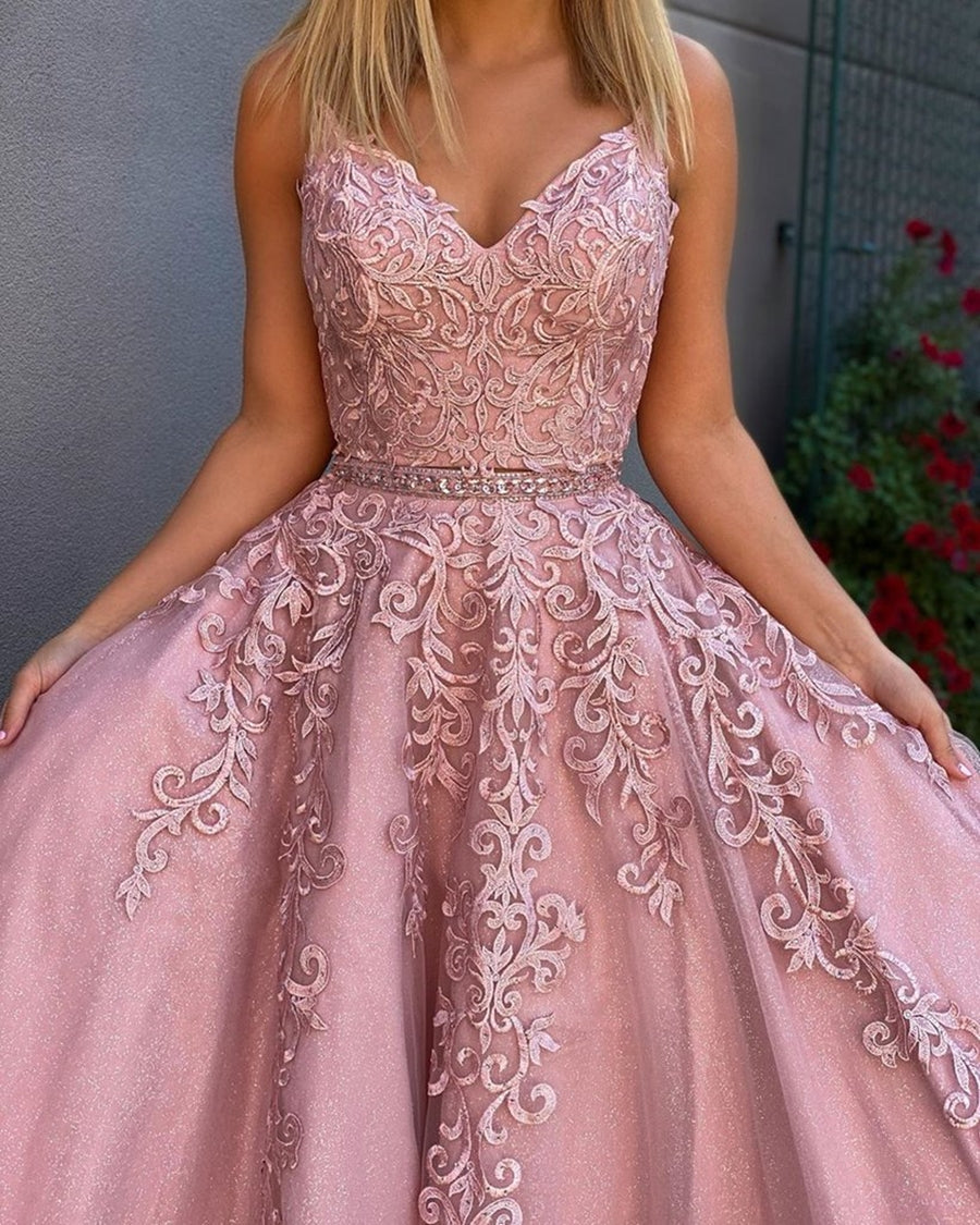 Load image into Gallery viewer, A Line V Neck Two Pieces Lace Appliques Pink Prom Dresses with Belt, 2 Pieces Pink Lace Formal Dresses, Lace Pink Evening Dresses
