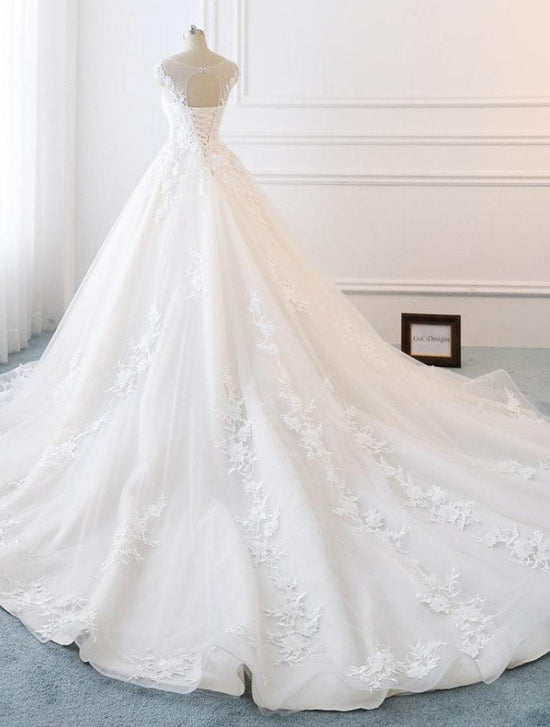 A Line White Lace Appliqued Wedding Dress Cap Sleeve Bridal Gown WW265