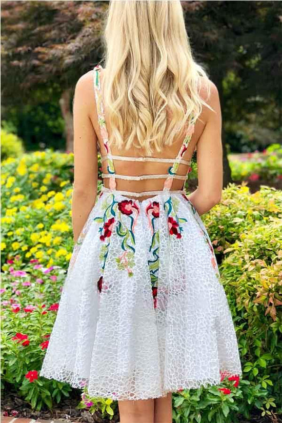 White Lace Homecoming Dress Floral Short Prom Dress