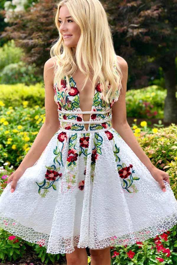 White Lace Homecoming Dress Floral Short Prom Dress