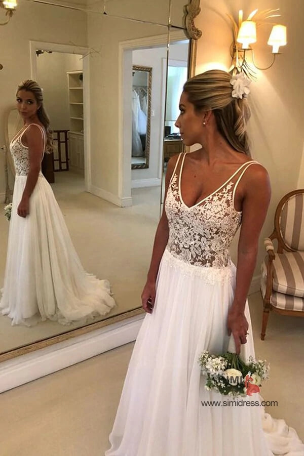 A Line White Lace Wedding Dress Open Back Bridal Gown