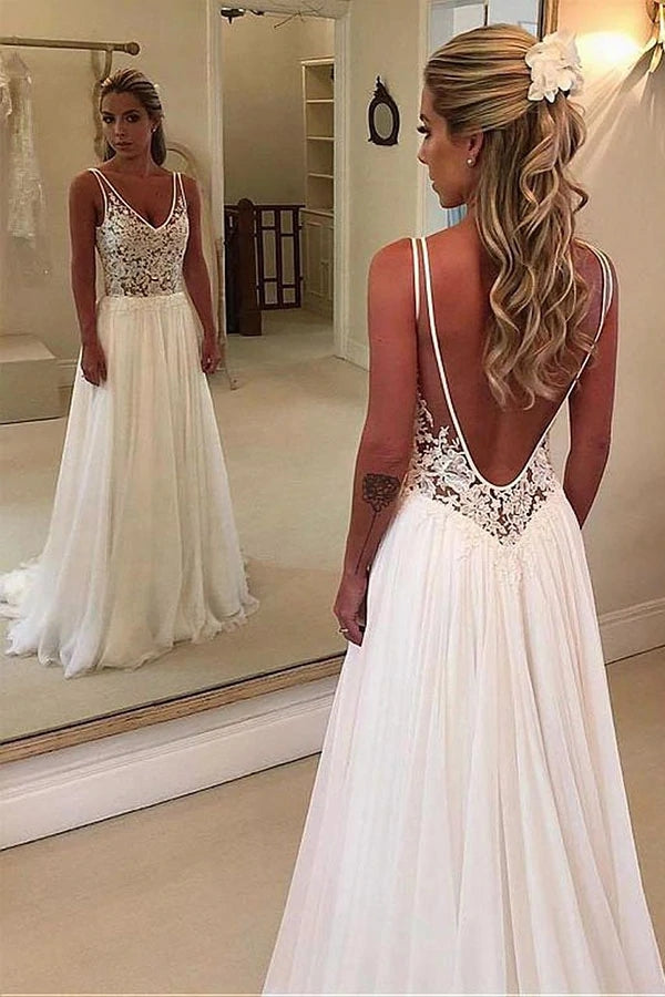 A Line White Lace Wedding Dress Open Back Bridal Gown