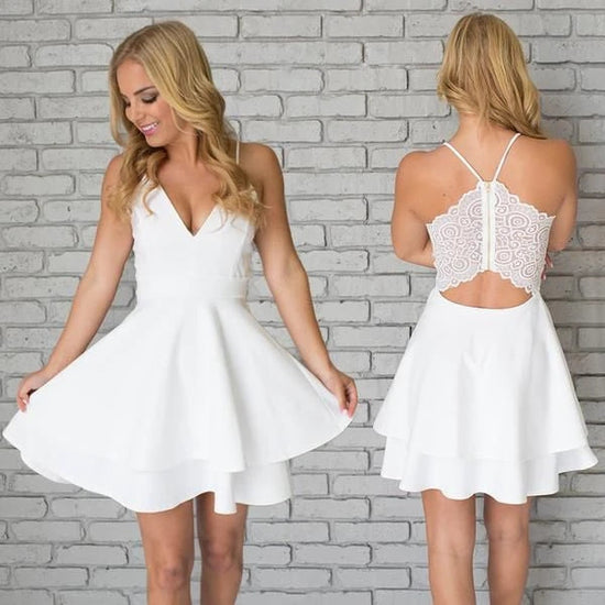 A Line White Tulle Hollow Back Short Homecoming Dress