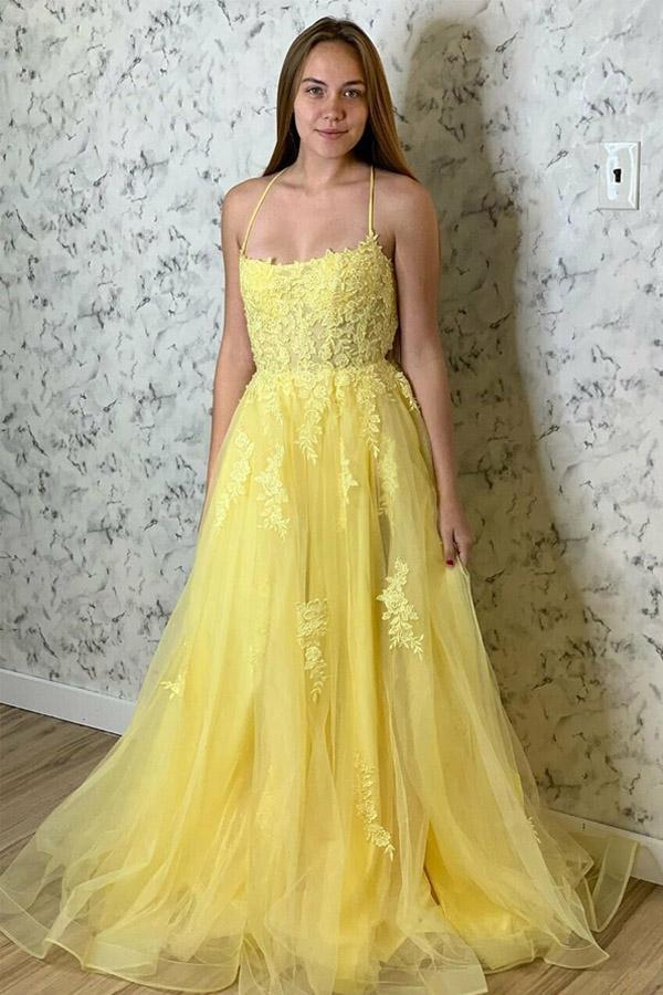 A Line Yellow Tulle Spaghetti Straps Long Prom Dress With Appliques