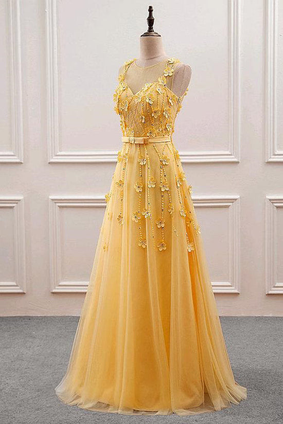 A-Line  Yellow Tulle Long Prom Dress With 3D Flowers