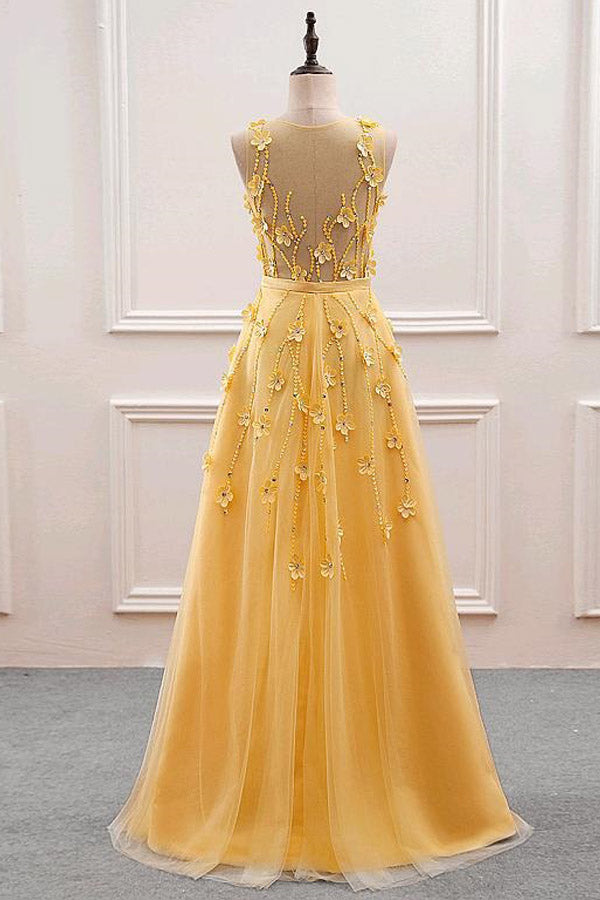 A-Line  Yellow Tulle Long Prom Dress With 3D Flowers