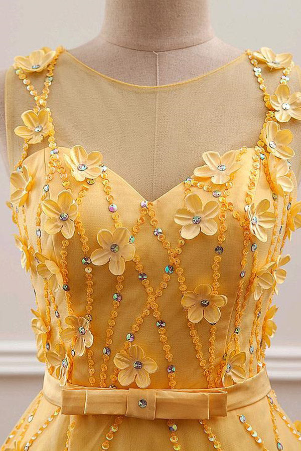 Beaded Yellow Tulle A-Line  Yellow Tulle Long Prom Dress With 3D Flowers