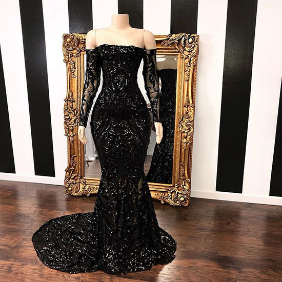 Amazing Black Long Sleeve Prom Dresses | Mermaid Sequins Long Evening Gowns BC1454