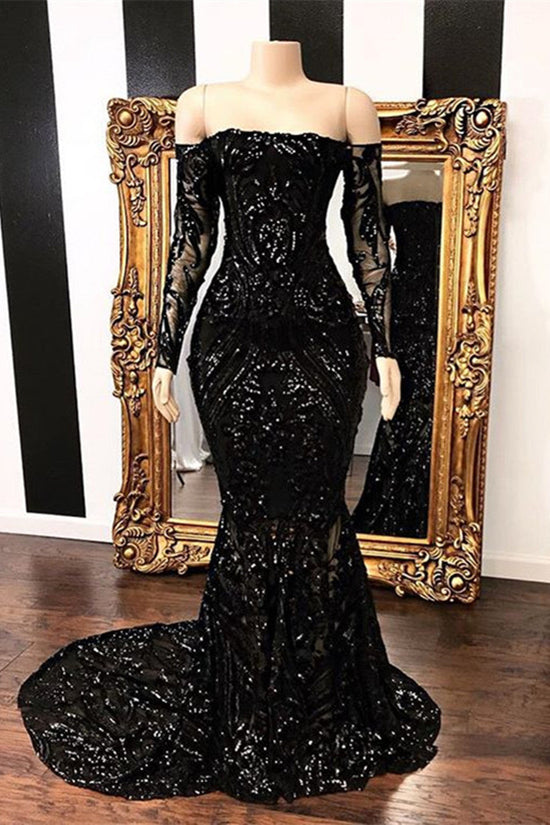 Amazing Black Long Sleeve Prom Dresses | Mermaid Sequins Long Evening Gowns BC1454
