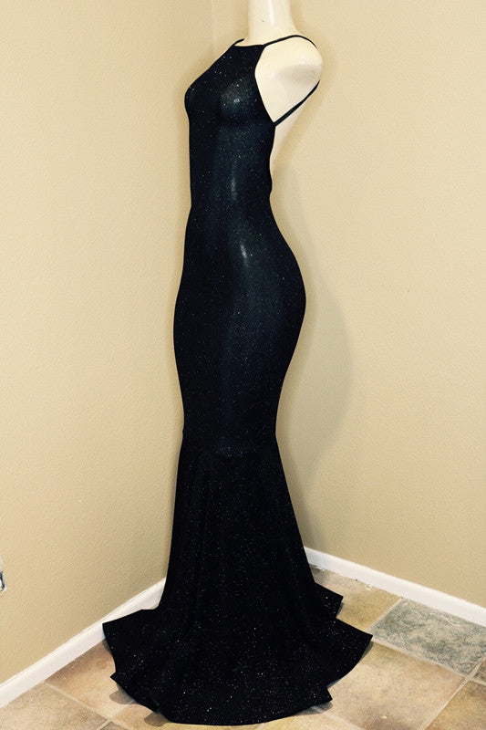 Backless black prom dress, sequins evening gowns BA9013