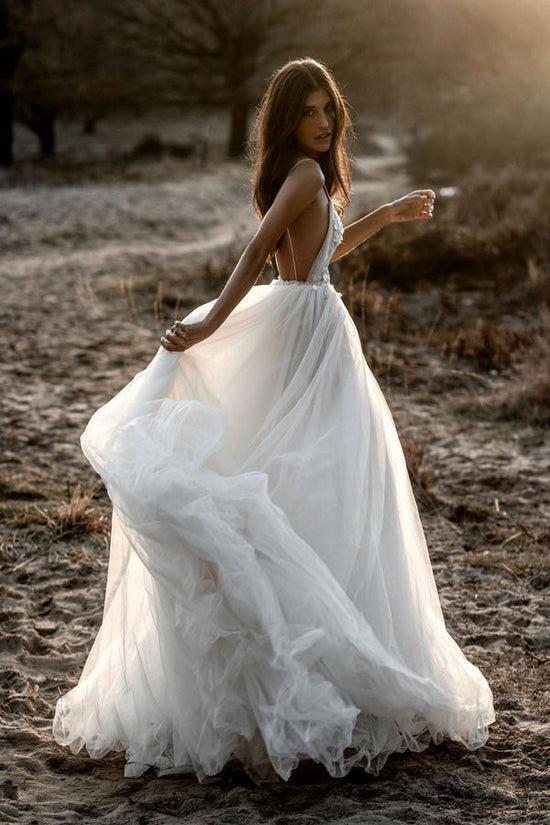 Backless Deep V Neck Wedding Dress White Tulle Bridal Gown