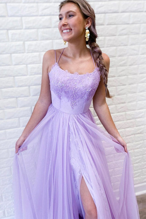 Backless Purple Tulle Long Prom Dress With Slit