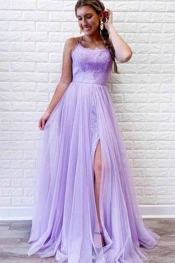 Backless Purple Tulle Long Prom Dress With Slit