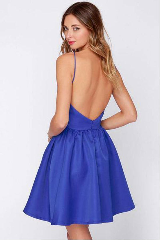 Backless Royal Blue Spaghetti Straps Short Homecoming Dress