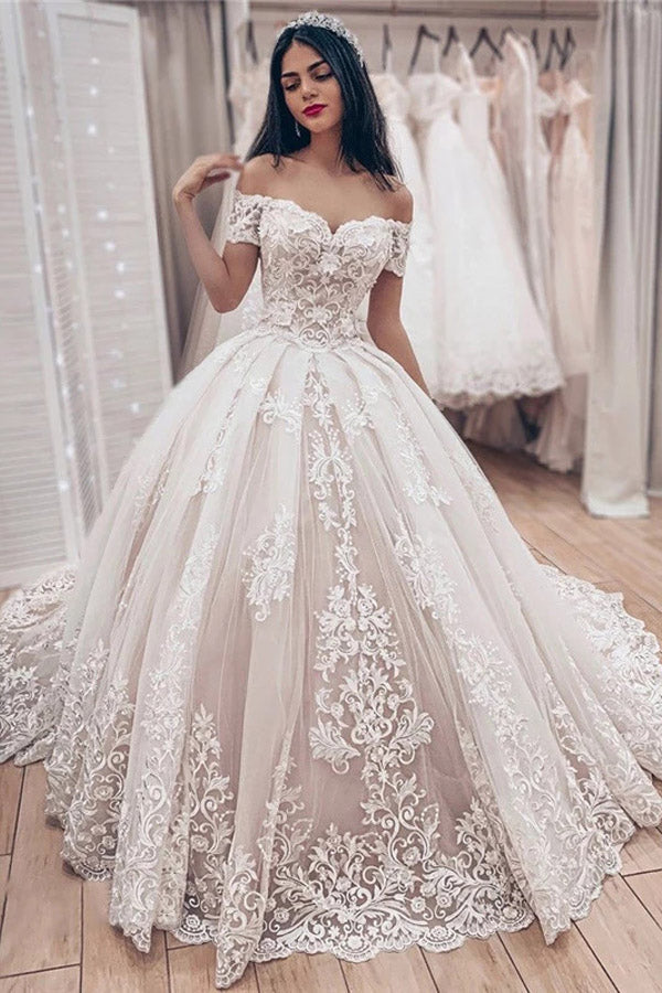 Ball Gown Off The Shoulder Lace Wedding Dress Lace Up Bridal Dress