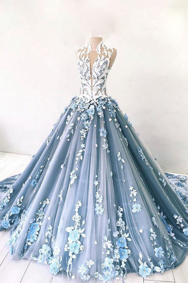 Ball Gown Sky Blue Tulle Prom Dress Floral Party Dress