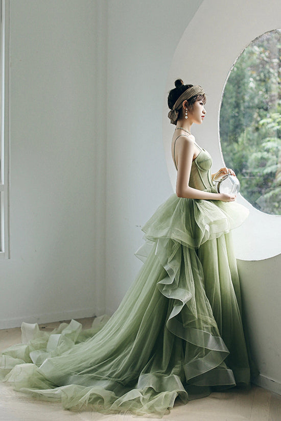 Ball Gowns Sweetheart Green Tulle Long Prom Dresses