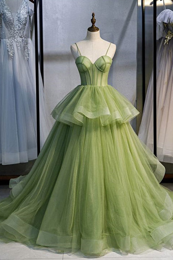 Ball Gowns Sweetheart Green Tulle Long Prom Dresses