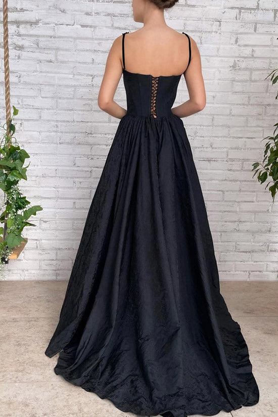 Black A Line Taffeta Long Prom Dress With Slit