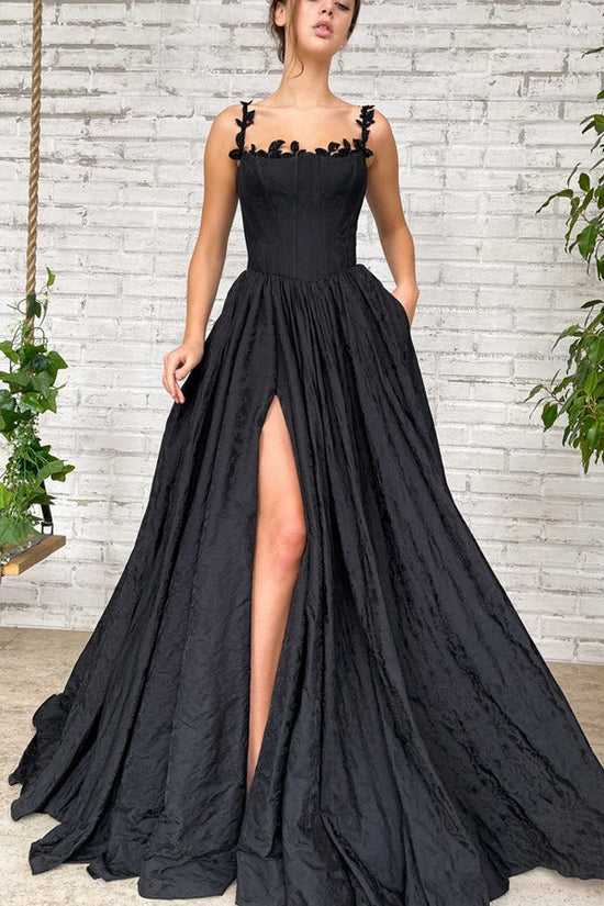 Black A Line Taffeta Long Prom Dress With Slit